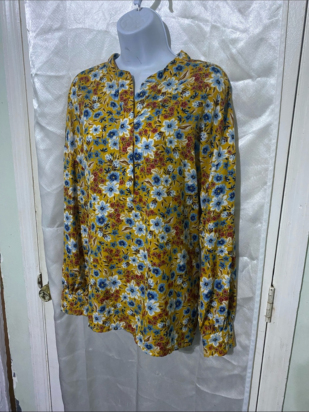 Floral Button-Front Womens Shirt - Mustard Yellow